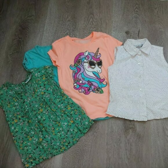 Girls Bundle Set Lot of 4 Short Sleeve Tee and Blouse Unicorn Floral Polka Dot - Picture 1 of 12
